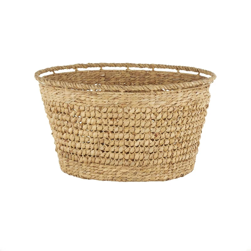 30" Brown Seagrass Handmade Woven Oval Storage Basket with Elevated Rim & Slot Handles