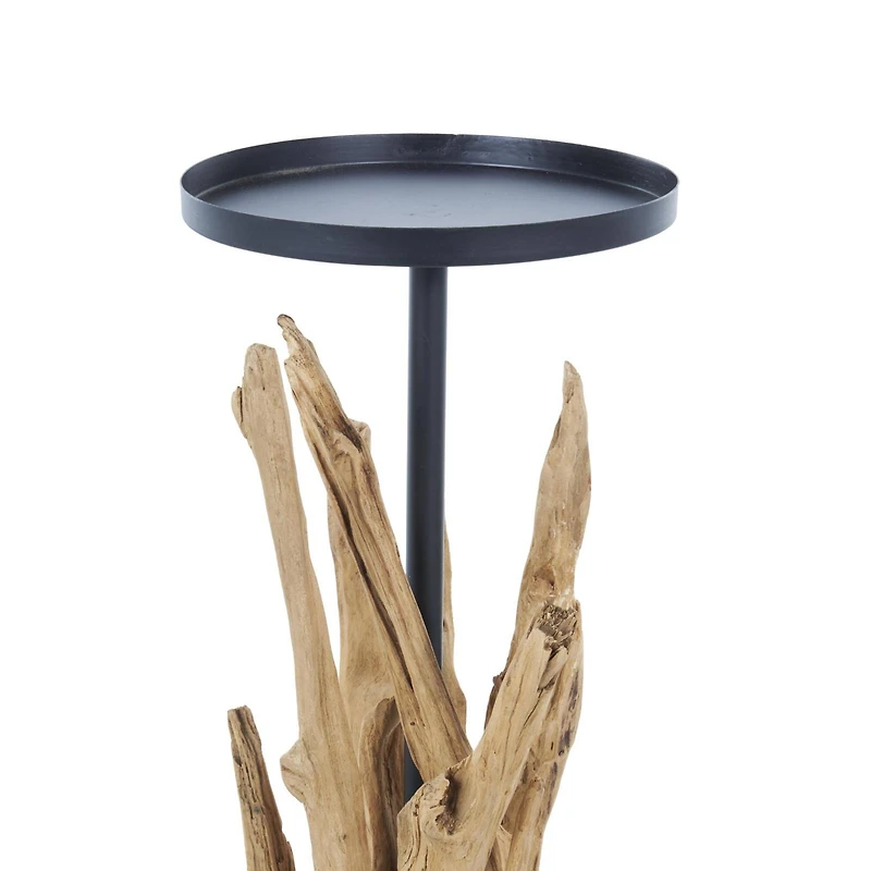 31" Brown Teak Wood Handmade Tall Tree Branch Floor Candle Holder with Black Metal Accents