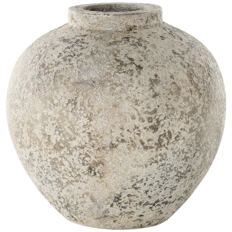 12" Cream Ceramic Antique Style Round Vase with Textured Distressing