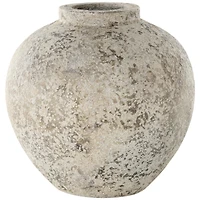 12" Cream Ceramic Antique Style Round Vase with Textured Distressing