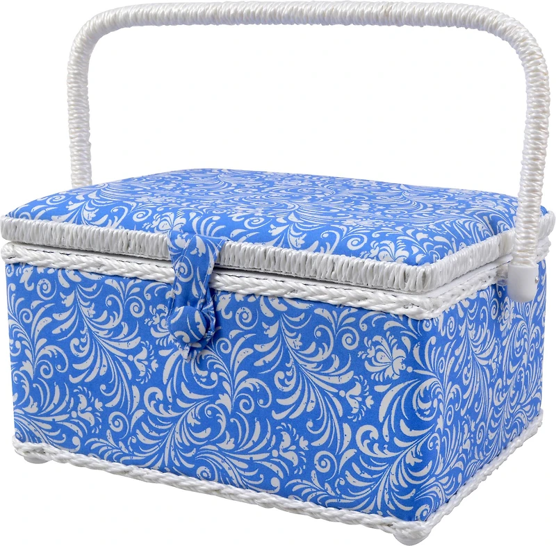 SINGER® Large Blue Deliah Scroll Print Sewing Basket with Sewing Scissors & Notions