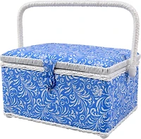 SINGER® Large Blue Deliah Scroll Print Sewing Basket with Sewing Scissors & Notions