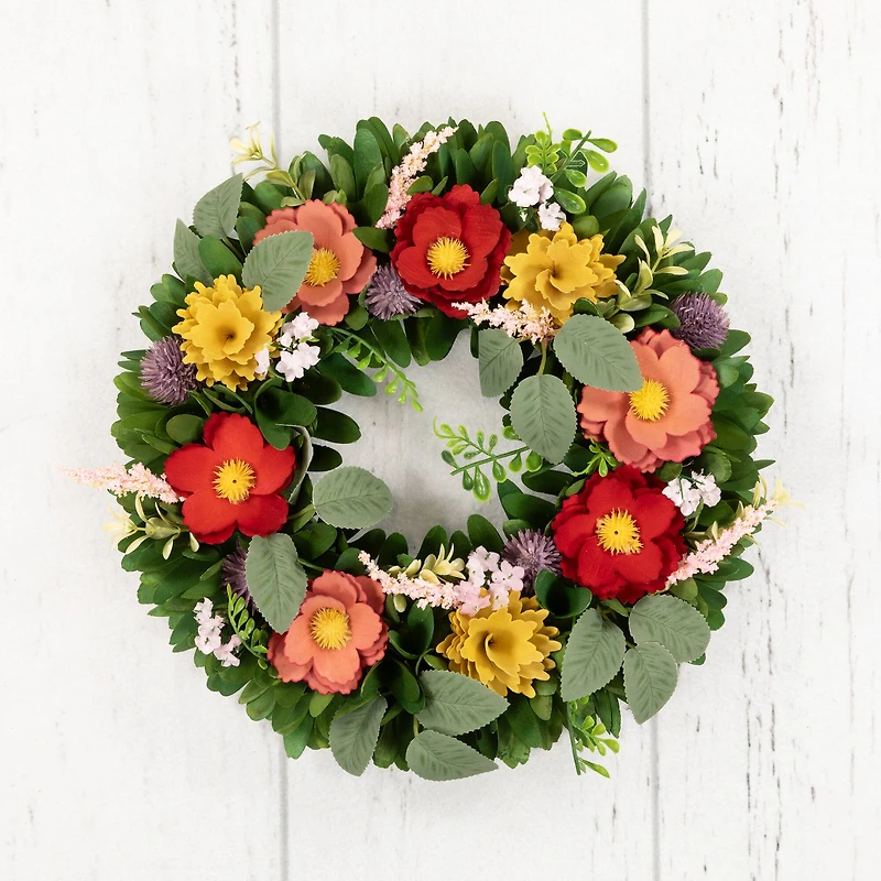 13.75" Wooden Mixed Floral & Foliage Artificial Spring Wreath