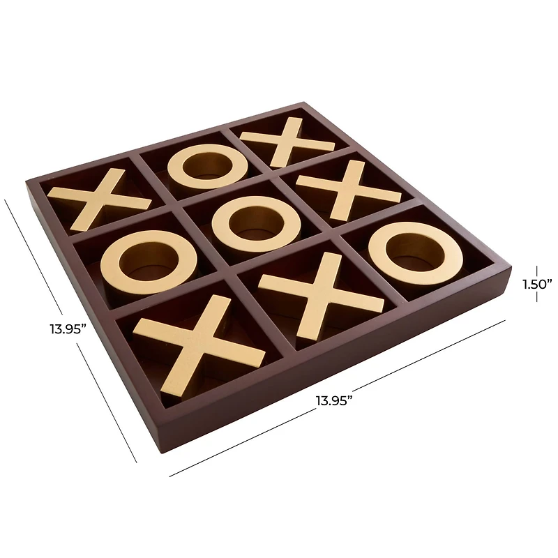 14" x 14" Brown Wooden Tic Tac Toe Game Set with Gold X & O Pieces