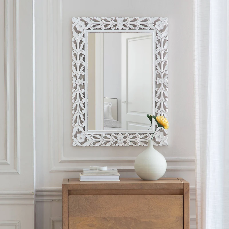 Habitat Calie 24" Distressed White Mirror with Carved Floral Frame