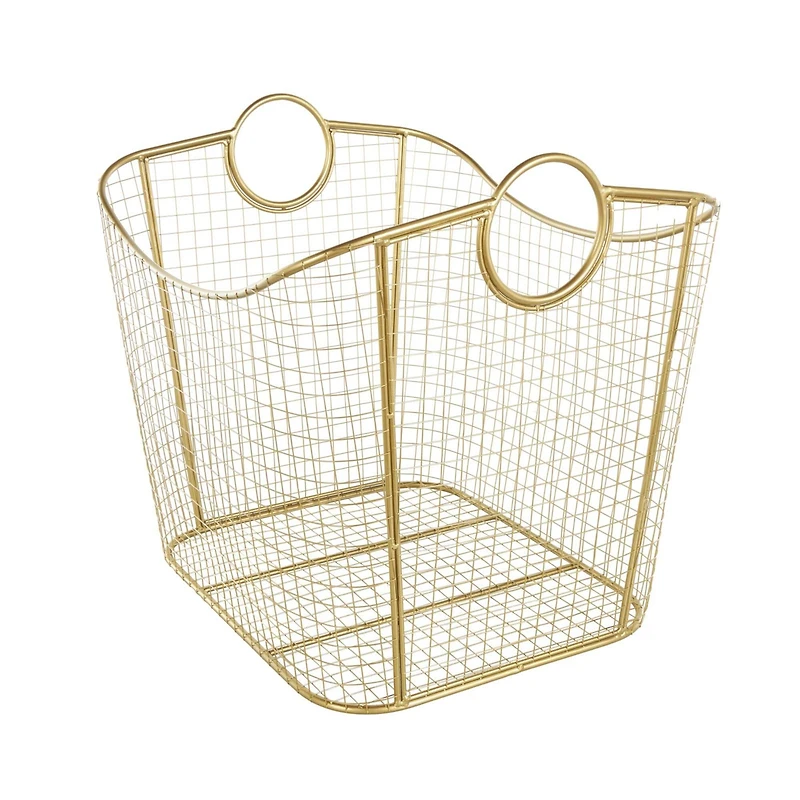 20" Gold Metal Storage Basket with Curved Sides & Ring Handles