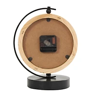 11" Light Brown Wood Clock with Curved Black Metal Stand & Base
