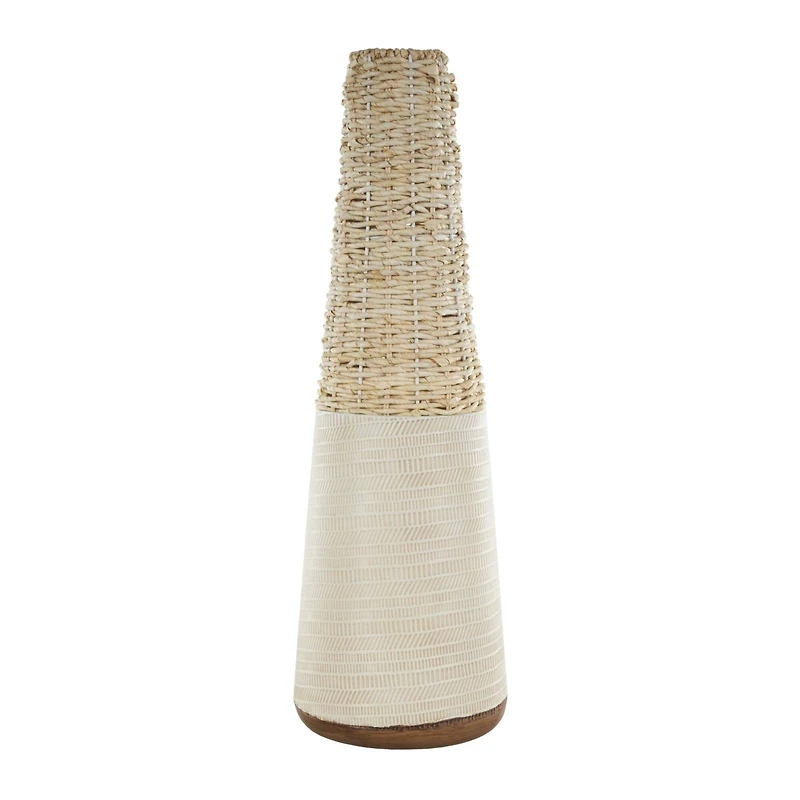 Light Brown Rattan Handmade Woven Vase with Beige Metal Base