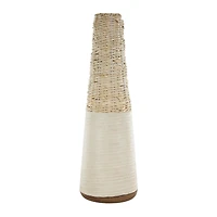 Light Brown Rattan Handmade Woven Vase with Beige Metal Base