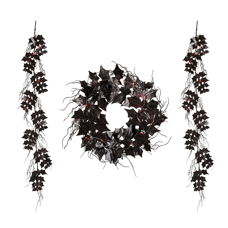 Glitzhome® Lighted Halloween Bat Garland & Wreath Set