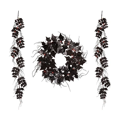 Glitzhome® Lighted Halloween Bat Garland & Wreath Set