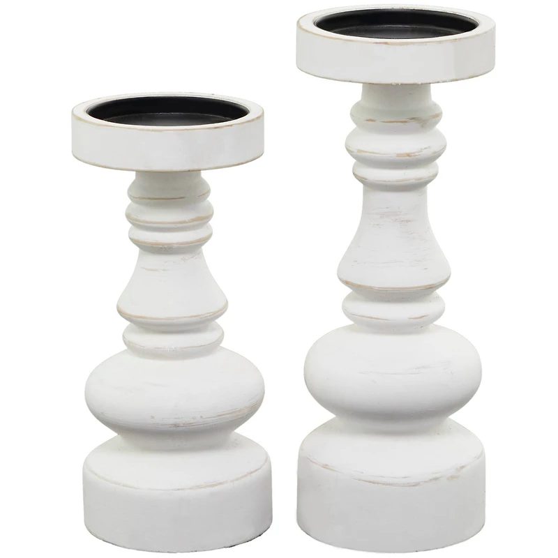 The Novogratz White Wood Turned Style Pillar Candle Holder Set