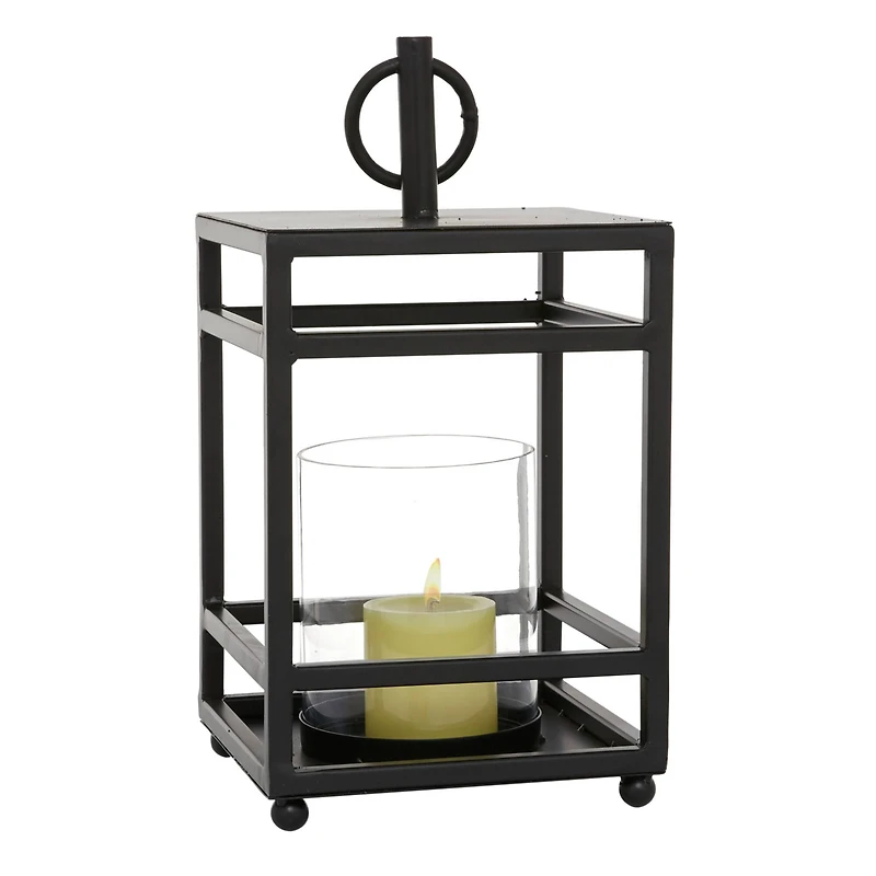 Black Iron Contemporary Candle Holder Lantern, 16" x 8" x 8"