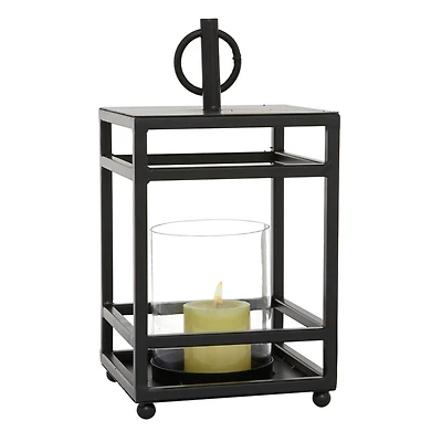 Black Iron Contemporary Candle Holder Lantern, 16" x 8" x 8"