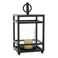 Black Iron Contemporary Candle Holder Lantern, 16" x 8" x 8"