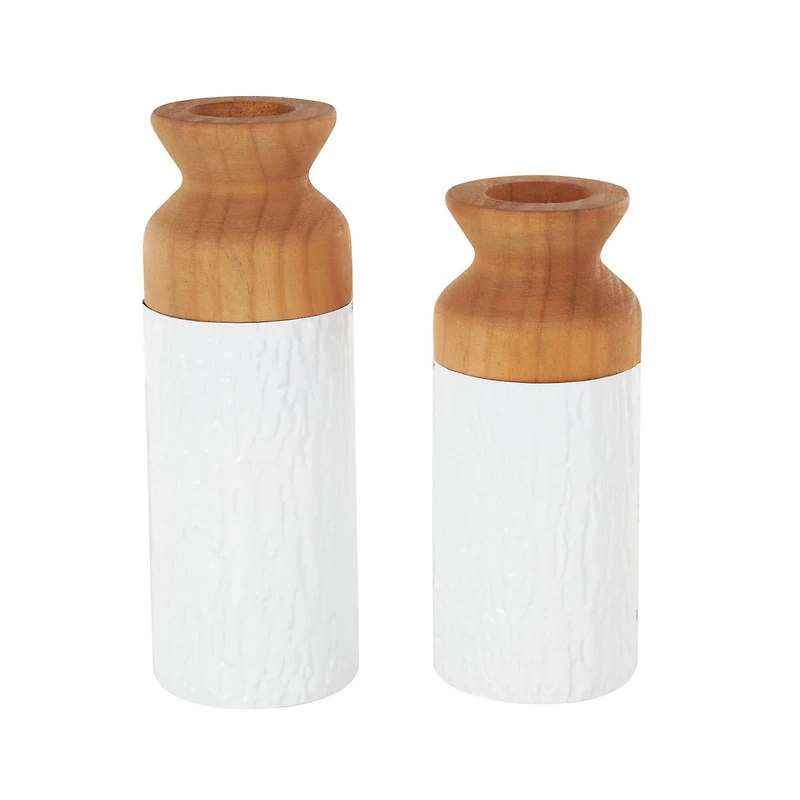 Brown & White Textured Metal & Wood Vase Set