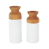 Brown & White Textured Metal & Wood Vase Set