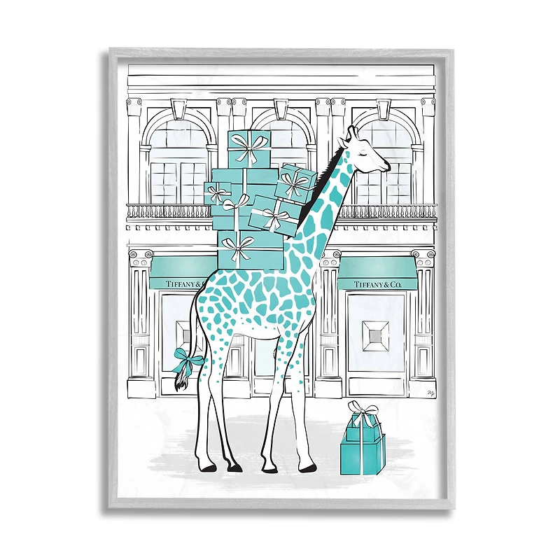Stupell Industries Giraffe with Stacked Gift Boxes Wall Art in Gray Frame