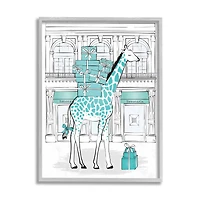 Stupell Industries Giraffe with Stacked Gift Boxes Wall Art in Gray Frame
