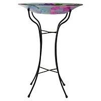 18'' Pink and Purple Dragonflies Hand Painted Glass Birdbath