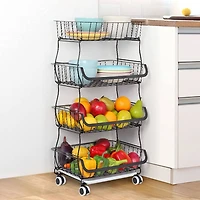 Black 4-Tier Fruit Storage Basket Rolling Cart