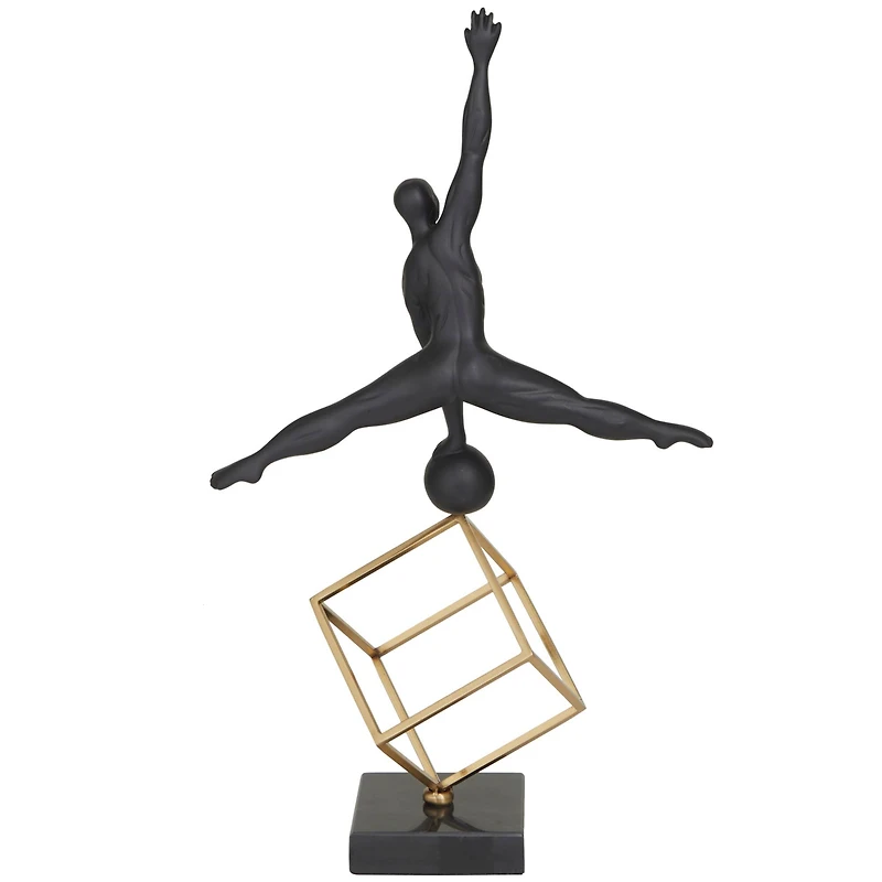 19" Black Marble Gymnast with Gold Cube Sculpture