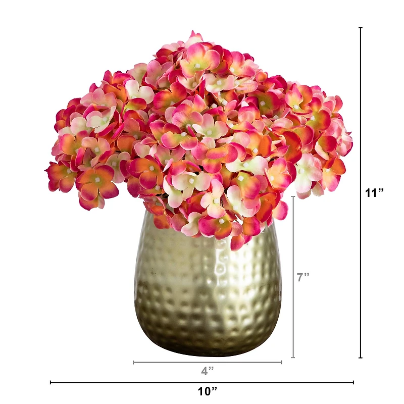 11" Pink Hydrangea Arrangement in Gold Metal Vase