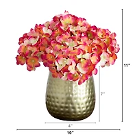 11" Pink Hydrangea Arrangement in Gold Metal Vase
