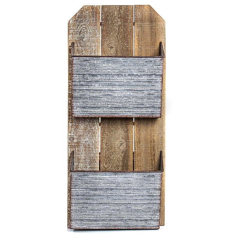 Galvanized Metal & Wood Mail & Magazine Wall Organizer