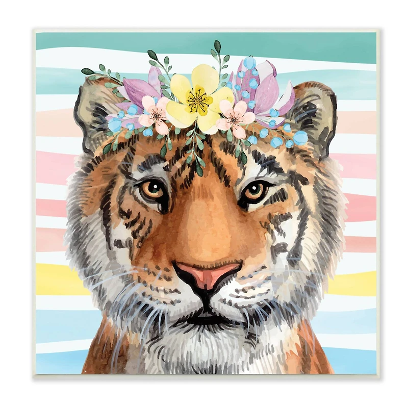 Stupell Industries Jungle Tiger Chic Purple Yellow Floral Crown Stripes,12" x 12"