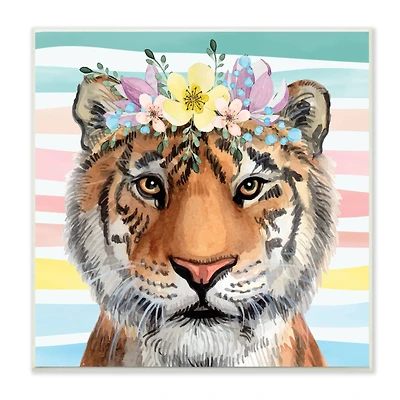 Stupell Industries Jungle Tiger Chic Purple Yellow Floral Crown Stripes,12" x 12"