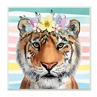 Stupell Industries Jungle Tiger Chic Purple Yellow Floral Crown Stripes,12" x 12"