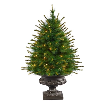 3.5ft. Pre-Lit New England Pine Artificial Christmas Tree In Iron Colored Urn, Clear Lights