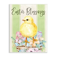 Stupell Industries Easter Blessings Text Striped Yellow Chick Egg Basket Wall Plaque Art