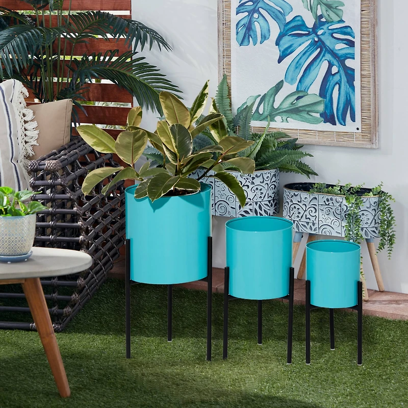 Teal Metal Contemporary Planter Set