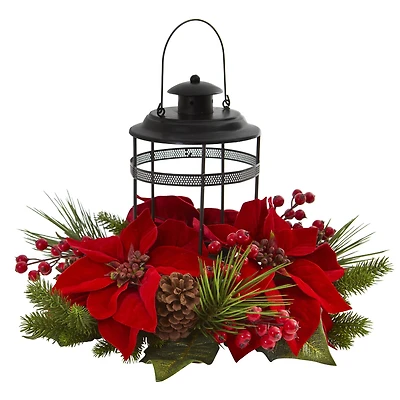 13" Poinsettia, Berry & Pine Artificial Arrangement Candelabrum