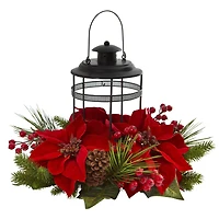 13" Poinsettia, Berry & Pine Artificial Arrangement Candelabrum