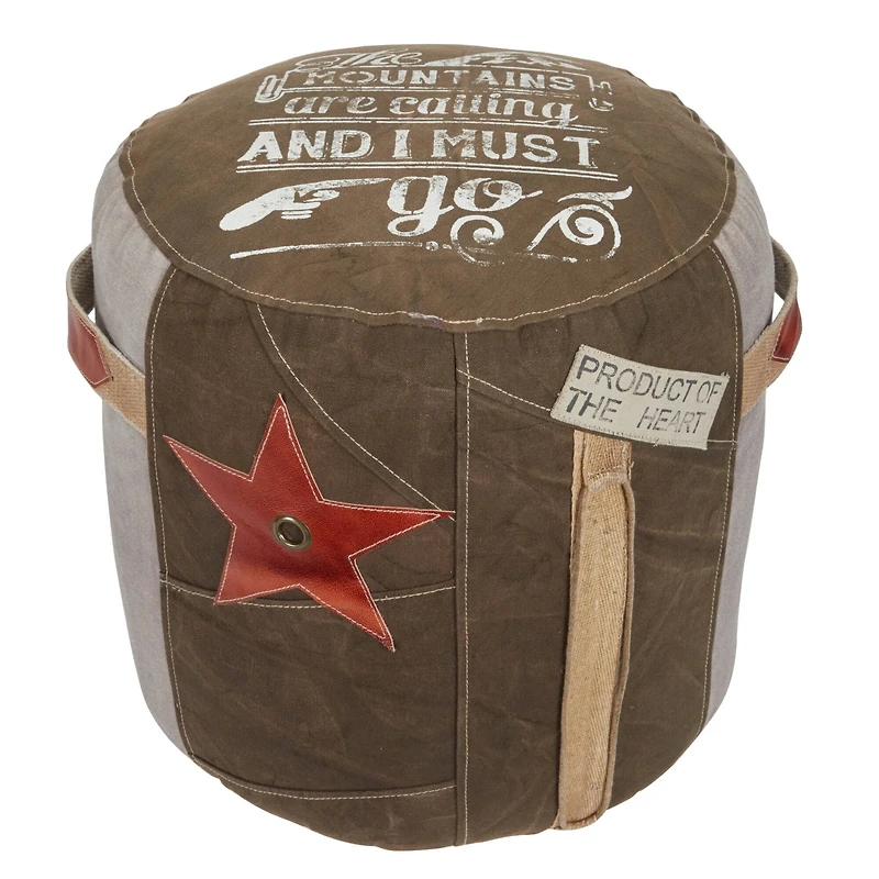 Brown Canvas and Leather Rustic Pouf, 19" x 17" x 17"