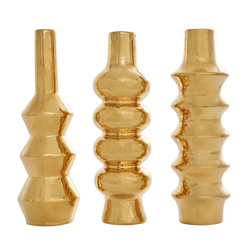 Gold Ceramic Abstract Bubble Ribbed Vase Set
