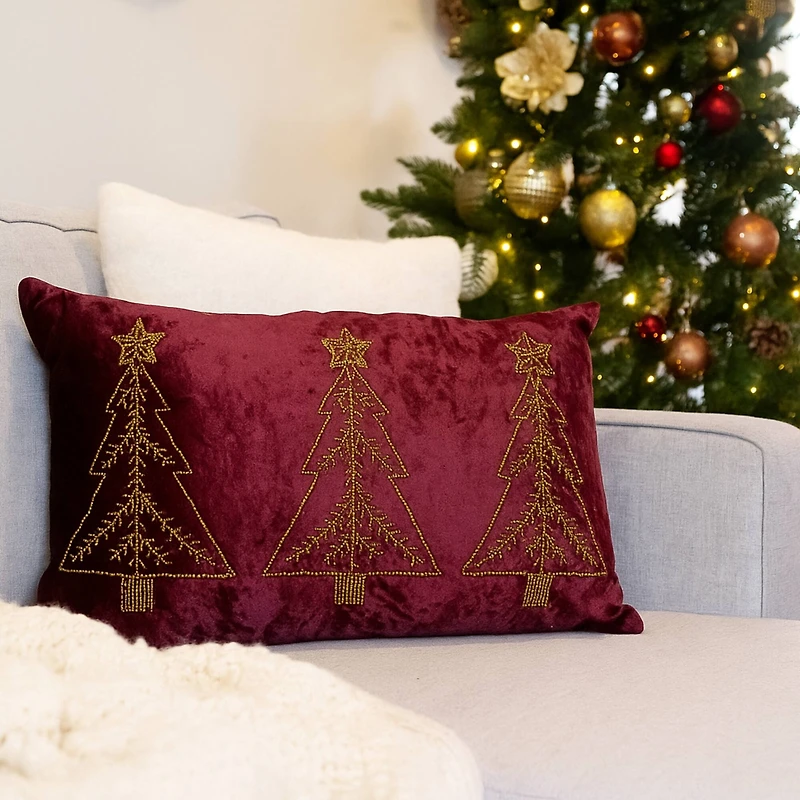 12" x 18" Cranberry Christmas Trees Velvet Lumbar Pillow by Ashland®