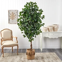 6ft. Ficus Artificial Tree with Natural Trunk in Handmade Natural Jute Planter with Tassels