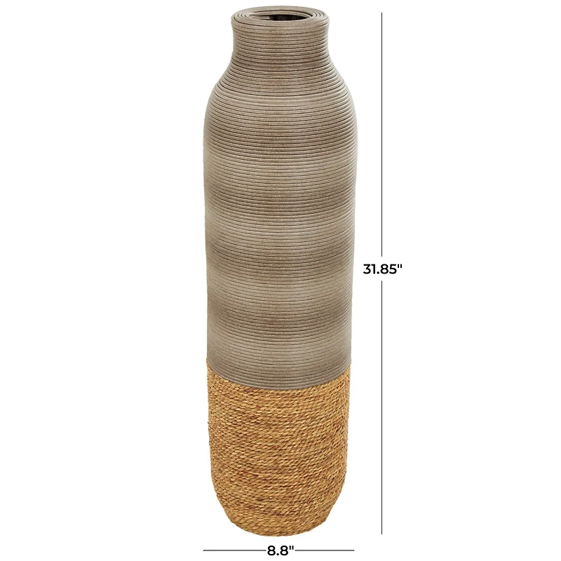 32" Brown Seagrass Handmade Ribbed Vase with Coiled Seagrass Base