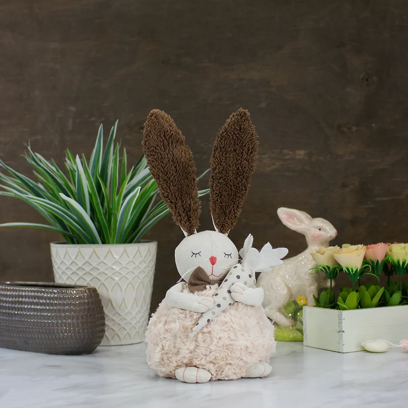 14" Beige & Brown Plush Easter Bunny Holding a Carrot Figure