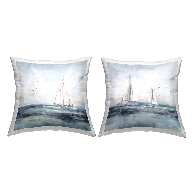 Stupell Industries Tranquil White Sailboats Nautical Ocean Waves 2 Pillow Set, 18" x 18"