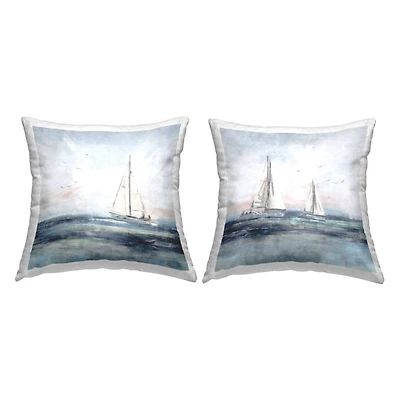 Stupell Industries Tranquil White Sailboats Nautical Ocean Waves 2 Pillow Set, 18" x 18"