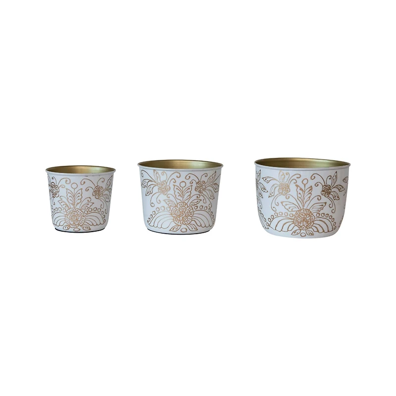 Hello Honey® White & Gold Finish Enameled Metal Planters Set with Floral Design