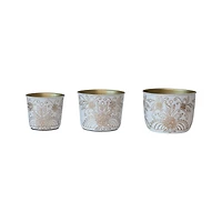 Hello Honey® White & Gold Finish Enameled Metal Planters Set with Floral Design