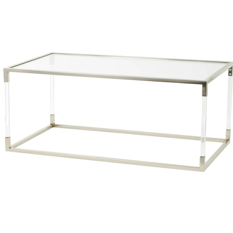 46" Silver Metal Minimalistic Open Framed Living Room Coffee Table with Clear Glass Top & Acrylic Legs