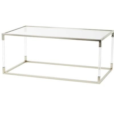46" Silver Metal Minimalistic Open Framed Living Room Coffee Table with Clear Glass Top & Acrylic Legs