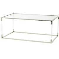 46" Silver Metal Minimalistic Open Framed Living Room Coffee Table with Clear Glass Top & Acrylic Legs